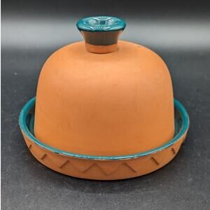 Vintage Terra Cotta Garlic Baker Roaster Green And Brown Mexican Fiesta